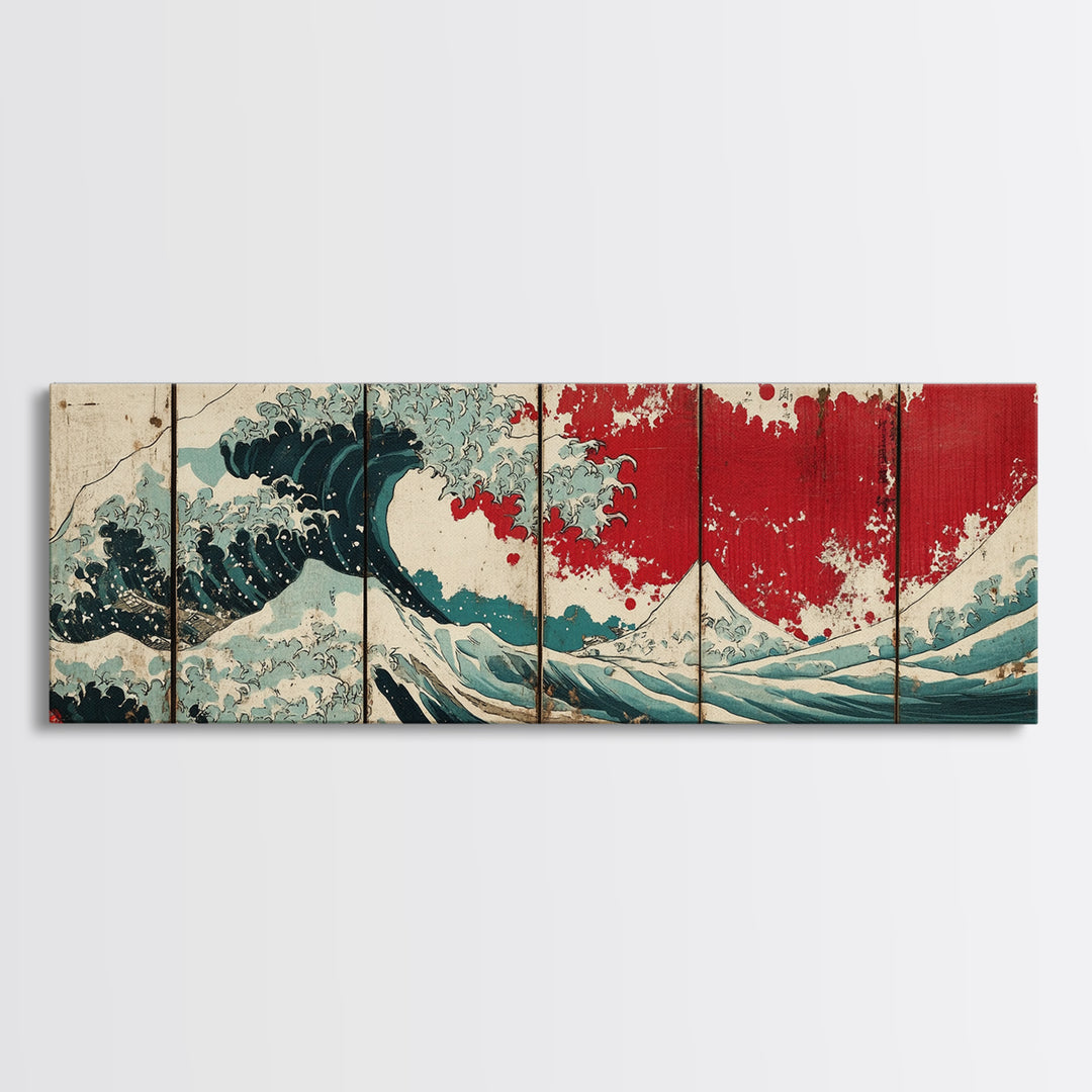 Great Wave Red Sun Wall Art, Japanese Ocean Canvas Print, Coastal Seascape Decor, Panoramic Wave Art Poster For Living Room
