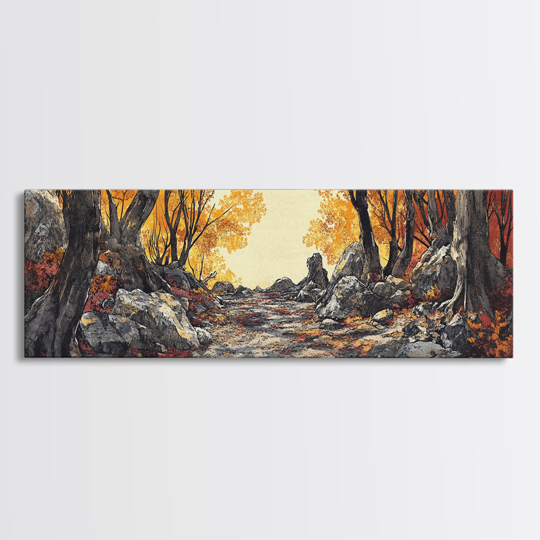 Autumn Forest Path Wall Art, Rustic Landscape Print, Long Horizontal Canvas, Cozy Cabin Decor, Warm Nature Art For Living Room