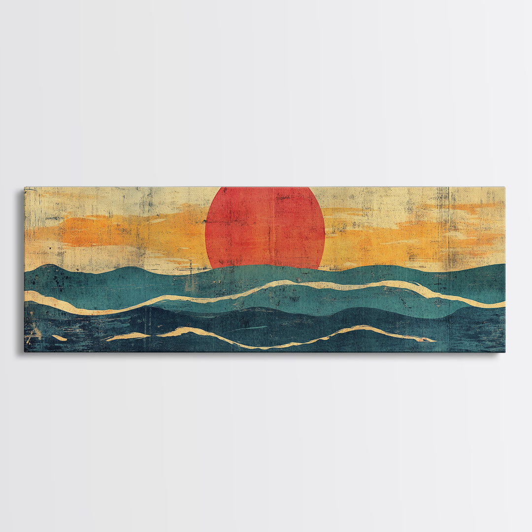 Abstract Ocean Waves Wall Art, Mid Century Coastal Print, Red Sun Seascape, Retro Minimalist Decor For Modern Living Room