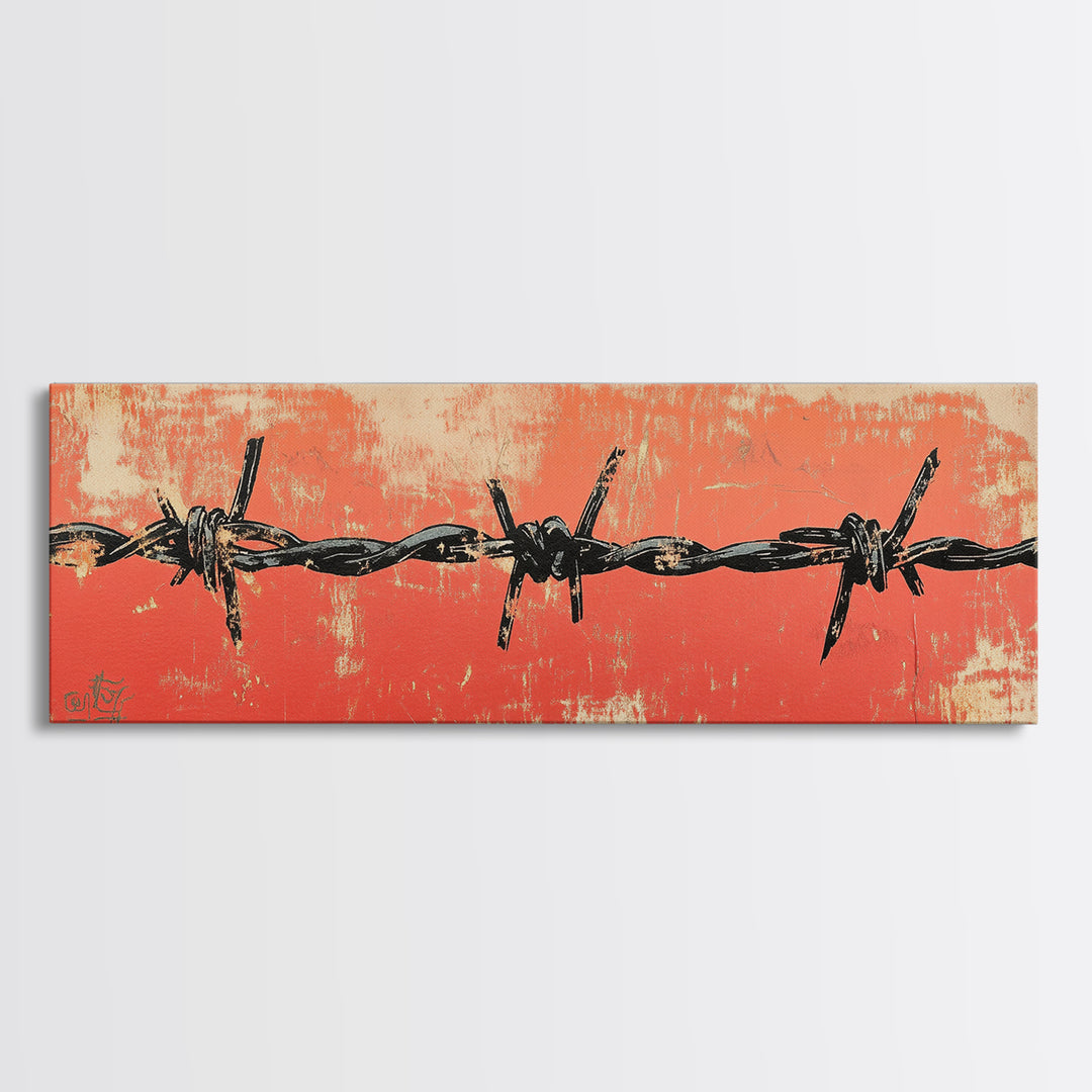 Barbed Wire Fence Wall Art, Western Rustic Print, Industrial Farmhouse Decor, Orange Grunge Canvas For Man Cave Or Office