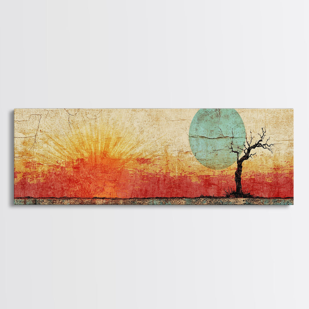 Lone Tree Sunrise Wall Art, Abstract Desert Landscape Print, Mid Century Wabi Sabi Decor, Warm Minimalist Canvas For Living Room