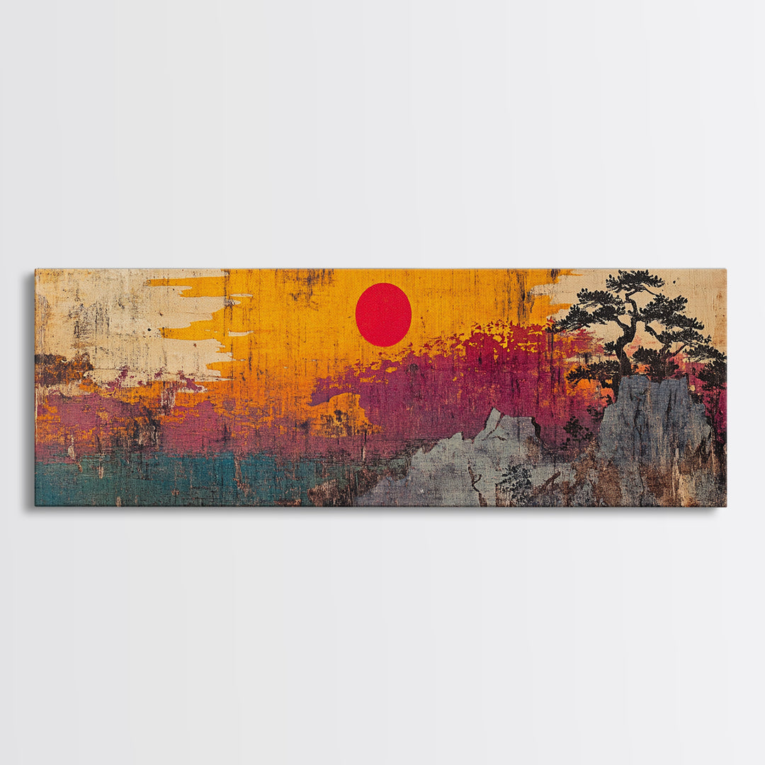 Abstract Mountain Sunset Canvas Print, Japanese Inspired Landscape Wall Art, Bold Orange Teal Decor, Modern Rustic Living Room Print