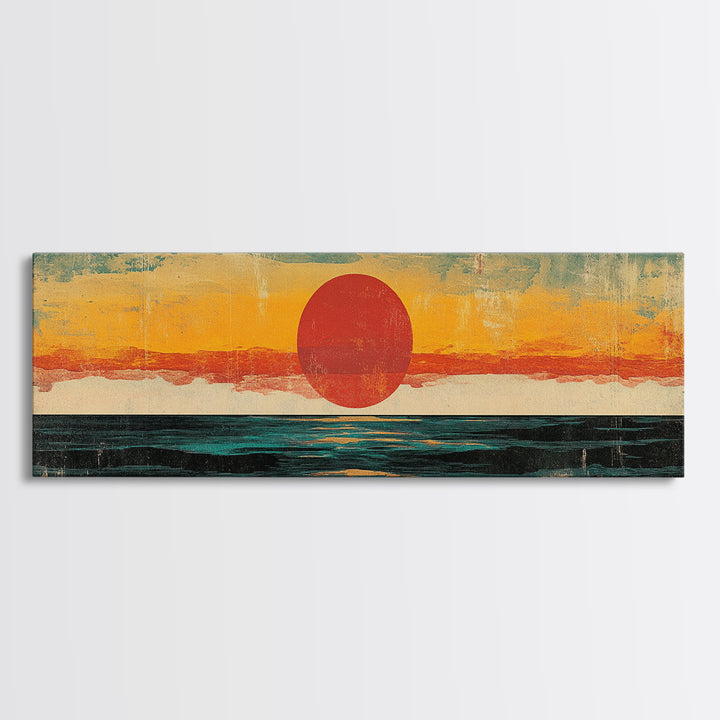 Minimalist Red Sun Ocean Wall Art, Abstract Coastal Landscape Print, Mid Century Modern Decor, Long Horizontal Canvas For Bedroom