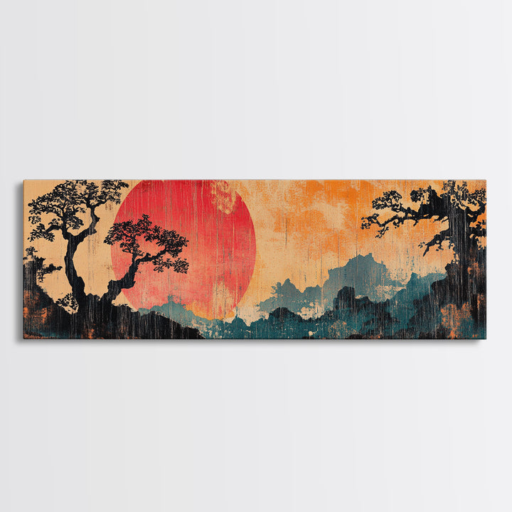 Crimson Sun Behind Misty Mountains Wall Art, Japanese Landscape Canvas Print, Pine Forest Decor, Panoramic Living Room Art