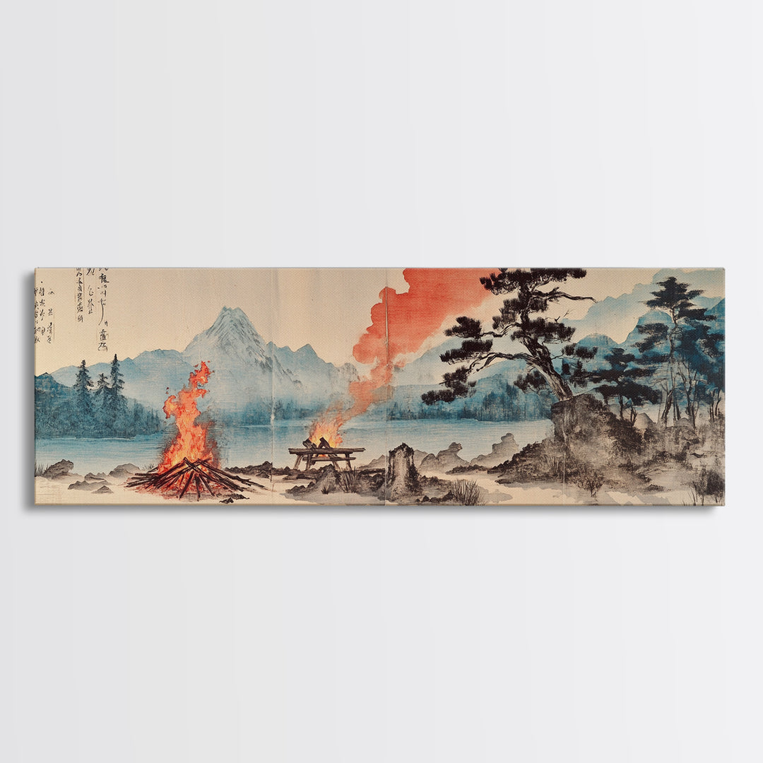 Mountain Campfire By Quiet Lake Wall Art, Japanese Landscape Canvas Print, Zen Nature Decor, Rustic Cabin Home Office Art