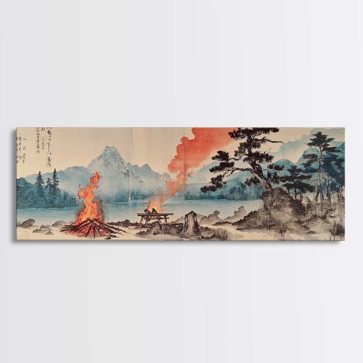 Mountain Campfire By Quiet Lake Wall Art, Japanese Landscape Canvas Print, Zen Nature Decor, Rustic Cabin Home Office Art