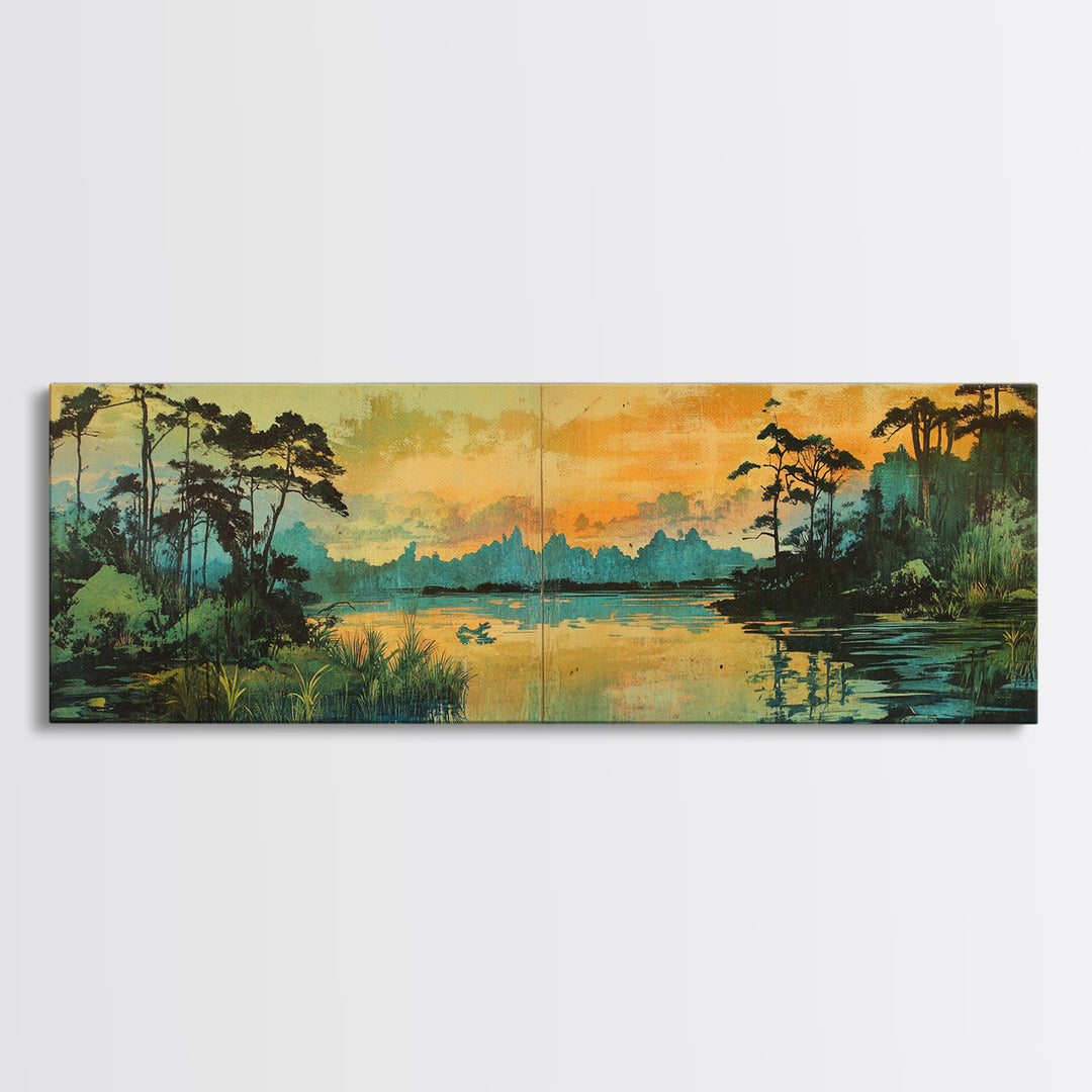 Golden Marsh At Sunset Wall Art, Cypress Lake Landscape Canvas Print, Moody Nature Decor, Large Panoramic Living Room Art