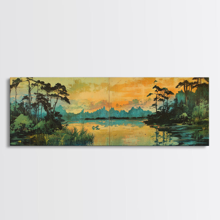 Golden Marsh At Sunset Wall Art, Cypress Lake Landscape Canvas Print, Moody Nature Decor, Large Panoramic Living Room Art