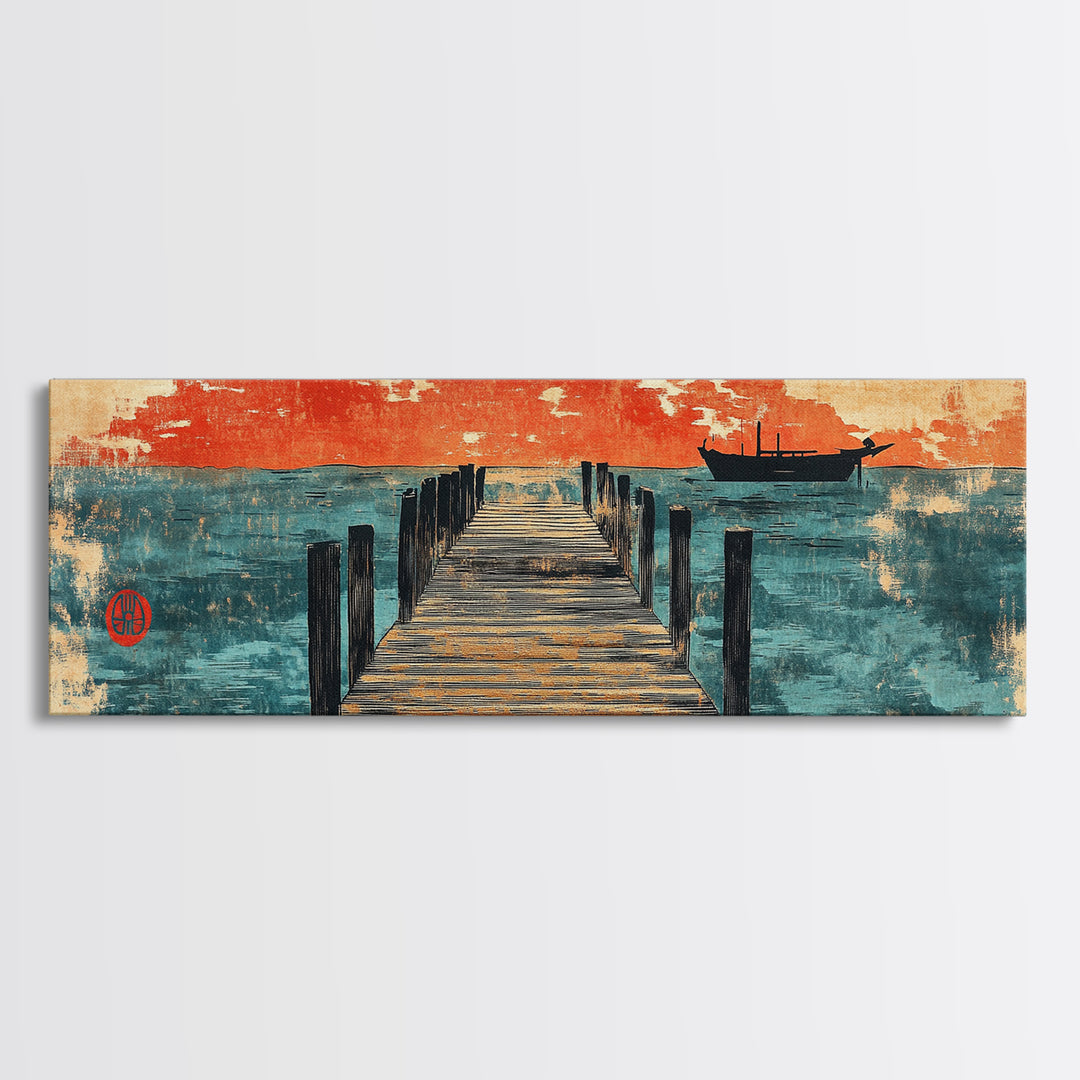 Weathered Pier And Red Sky Wall Art, Japanese Coastal Canvas Print, Ocean Sunset Decor, Large Horizontal Nautical Living Room Art