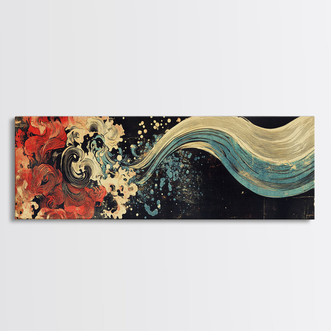 Abstract Red Wave And Flowing Tide Wall Art, Japanese Ocean Canvas Print, Koi Inspired Decor, Contemporary Large Wall Art
