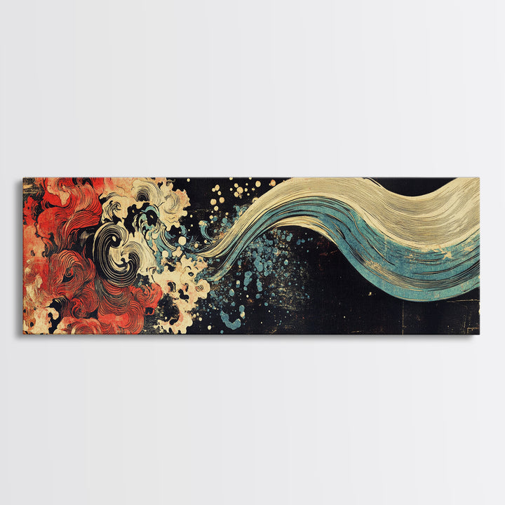 Abstract Red Wave And Flowing Tide Wall Art, Japanese Ocean Canvas Print, Koi Inspired Decor, Contemporary Large Wall Art