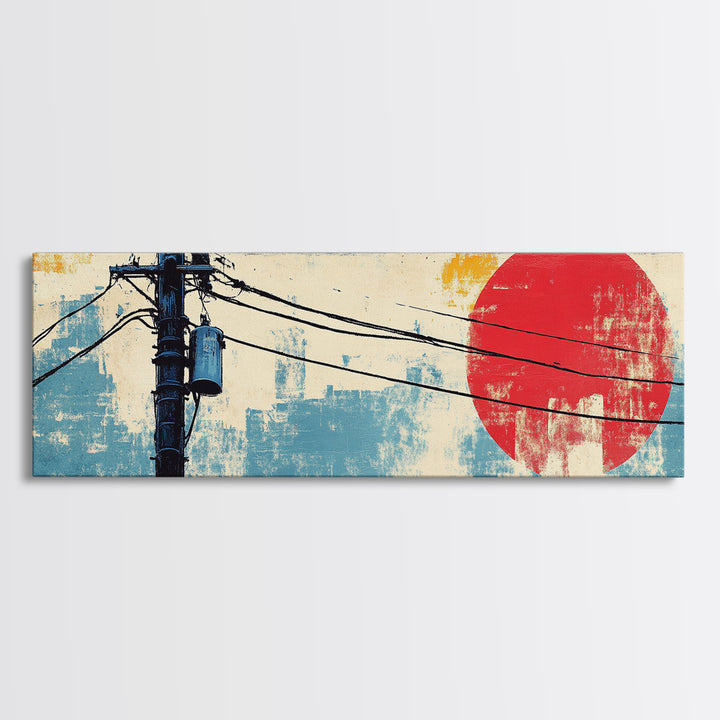 Weathered Utility Pole With Red Sun Canvas Print, Japanese Wall Art, Urban Industrial Decor, Long Horizontal Living Room Art
