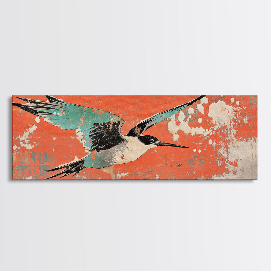 Graceful Teal Crane In Flight Wall Art, Japanese Bird Print, Coastal Wildlife Decor, Long Horizontal Canvas For Living Room