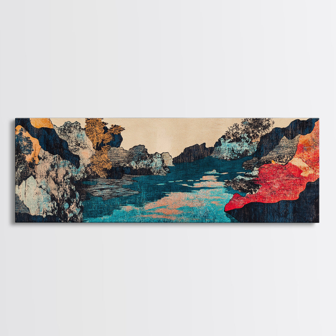 Turquoise River Canyon With Red Cliffs Canvas Print, Japanese Landscape Wall Art, Moody Nature Decor For Living Room And Office