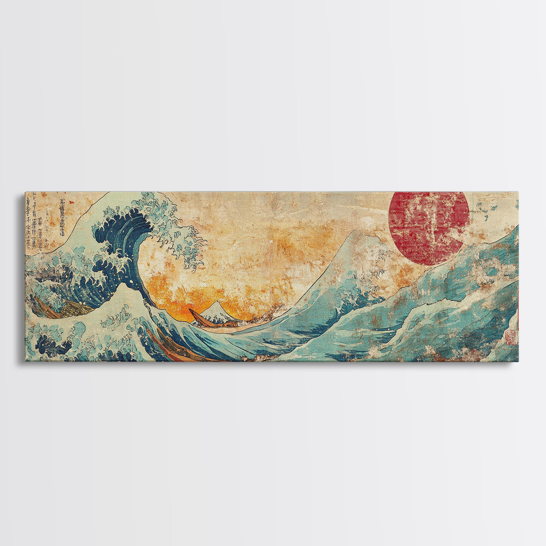 Cresting Blue Wave And Red Sun Framed Canvas Print, Japanese Seascape Wall Art, Coastal Decor For Living Room And Bedroom