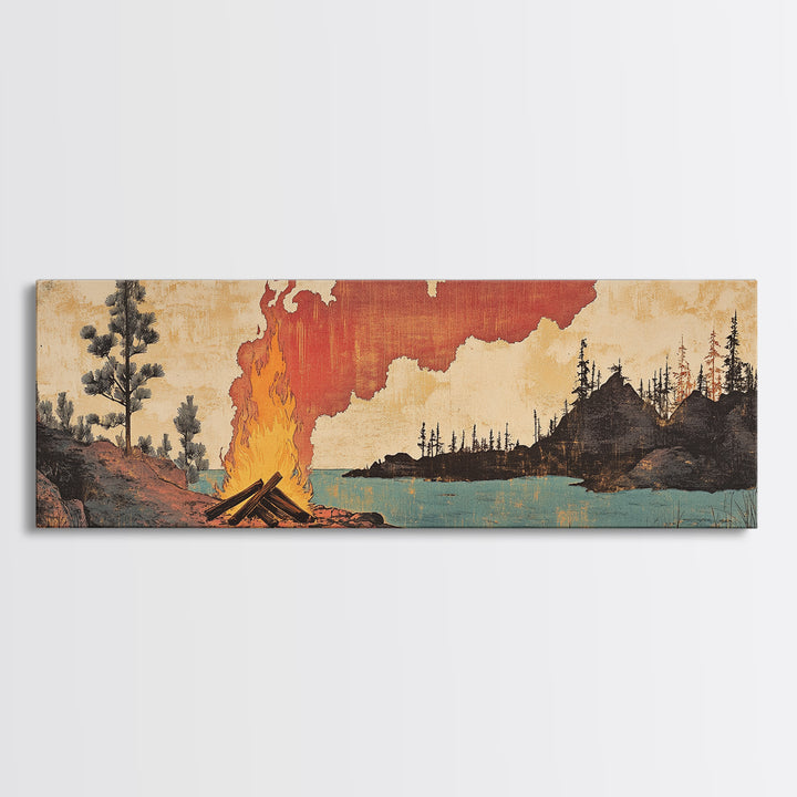 Lakeside Campfire With Red Smoke Canvas Print, Rustic Japanese Landscape Wall Art, Cabin Decor For Living Room And Office