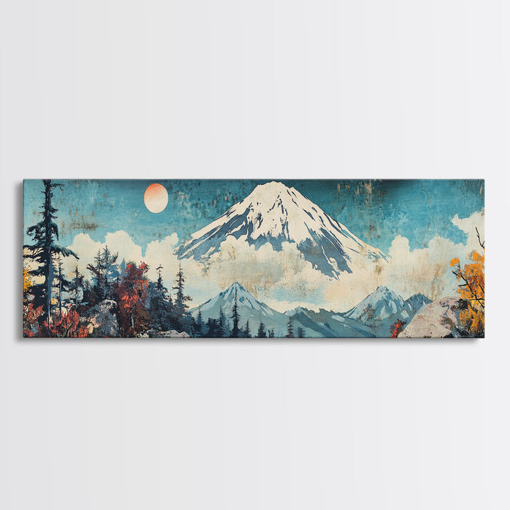 Snowy Mount Fuji With Moonlit Forest Framed Canvas Print, Japanese Mountain Wall Art, Winter Landscape Living Room Decor