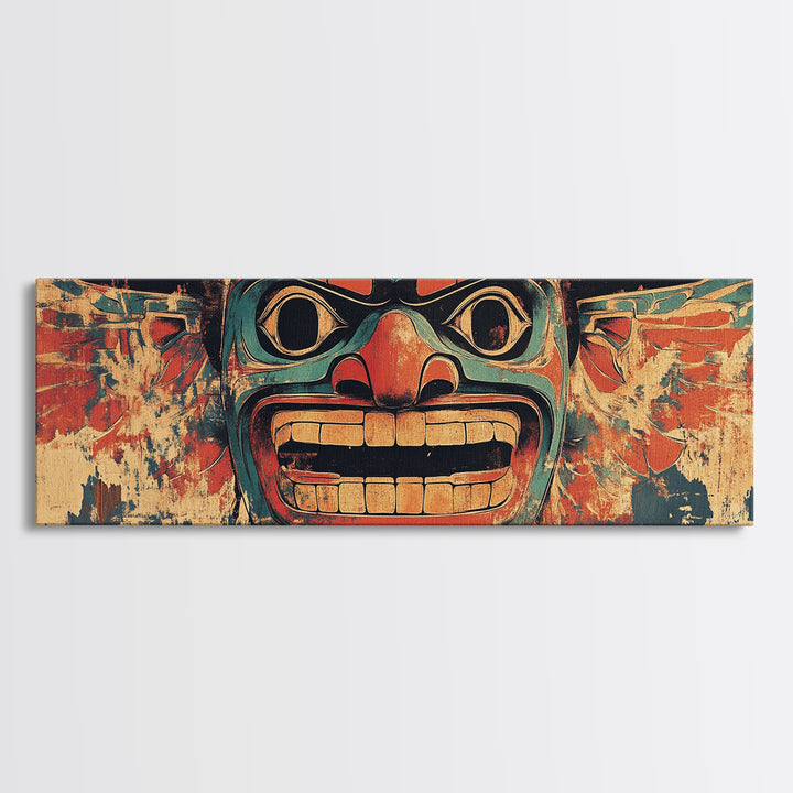 Bold Tribal Mask Framed Canvas Print, Indigenous Wall Art, Ethnic Home Decor, Pacific Northwest Style, Statement Artwork