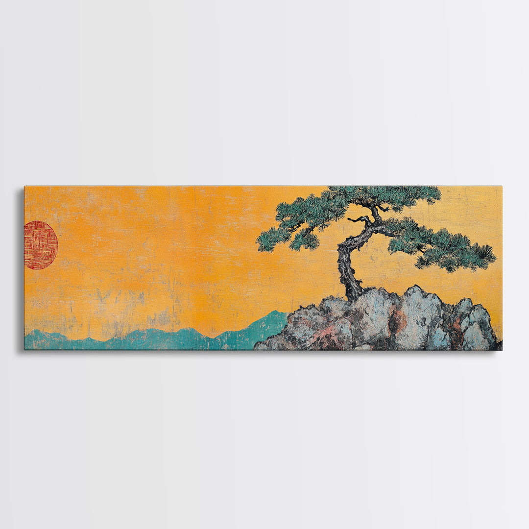 Solitary Pine Tree Canvas Print, Japanese Landscape Wall Art, Zen Home Decor, Japandi Wall Decor, Calming Nature Art Print