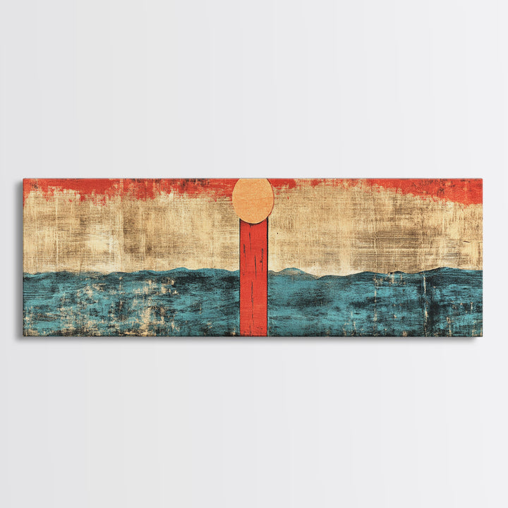 Minimal Red Sun Over Waves Canvas Print, Japanese Seascape Wall Art, Coastal Decor, Abstract Ocean Art, Japandi Home Decor
