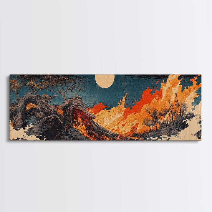 Fiery Dragon Wave Framed Canvas Print, Japanese Fantasy Wall Art, Dark Ocean Decor, Mythical Creature Art, Statement Artwork