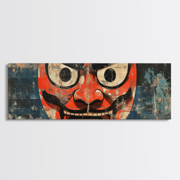 Red Oni Mask Wall Art, Japanese Framed Canvas Print, Asian Inspired Decor, Bold Folk Art, Dramatic Statement Artwork Gift