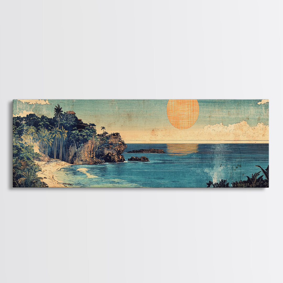 Tropical Ocean Cove Sunset Wall Art, Panoramic Coastal Canvas Print, Beach House Decor, Nautical Living Room Wall Art Print