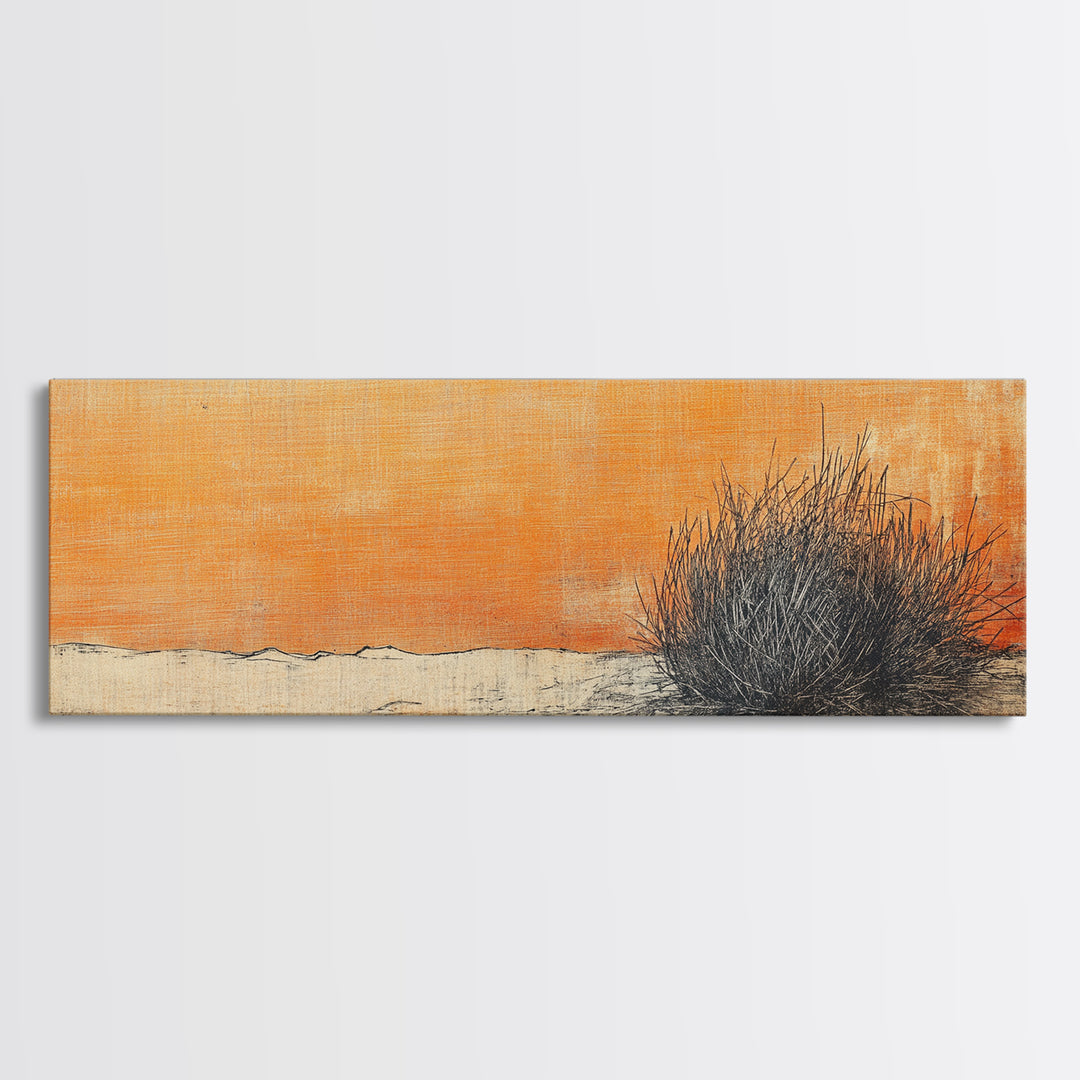 Minimal Desert Tumbleweed Orange Sky Wall Art, Neutral Landscape Canvas Print, Rustic Southwestern Decor, Calm Bedroom Art