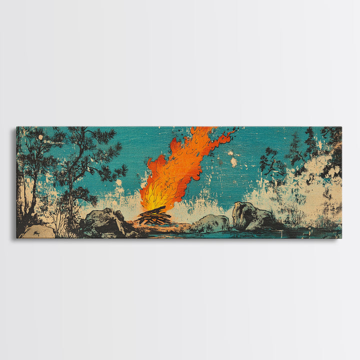 Campfire By River In Teal Forest Wall Art, Rustic Nature Canvas Print, Cozy Cabin Decor, Outdoor Adventure Wall Decor, Living Room Art