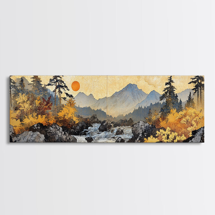 Autumn Mountain River Sunrise Wall Art, Panoramic Landscape Canvas Print, Rustic Cabin Decor, Large Nature Living Room Art