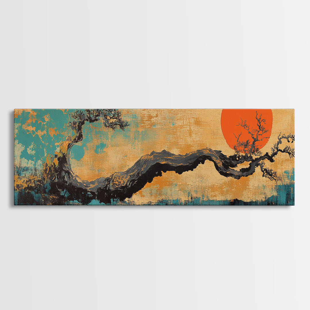 Twisted Bonsai Tree With Red Sun Wall Art, Japanese Landscape Canvas Print, Japandi Asian Decor For Modern Living Room Home Decor