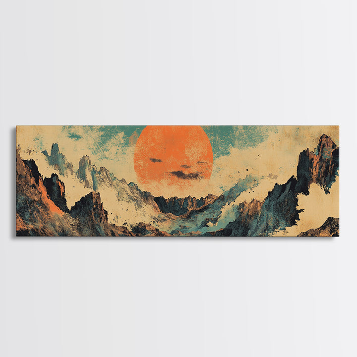 Abstract Mountain Valley With Orange Sun Wall Art, Modern Landscape Canvas Print, Japandi Earth Tone Living Room Home Decor