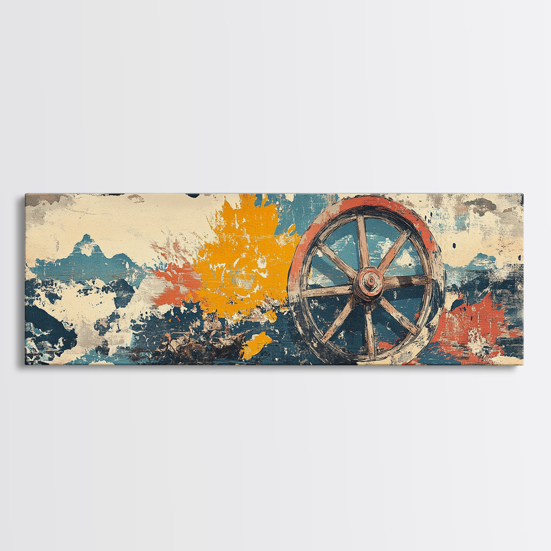 Rustic Wagon Wheel Against Painted Sky Wall Art, Western Canvas Print, Farmhouse Country Decor For Living Room Home Decor
