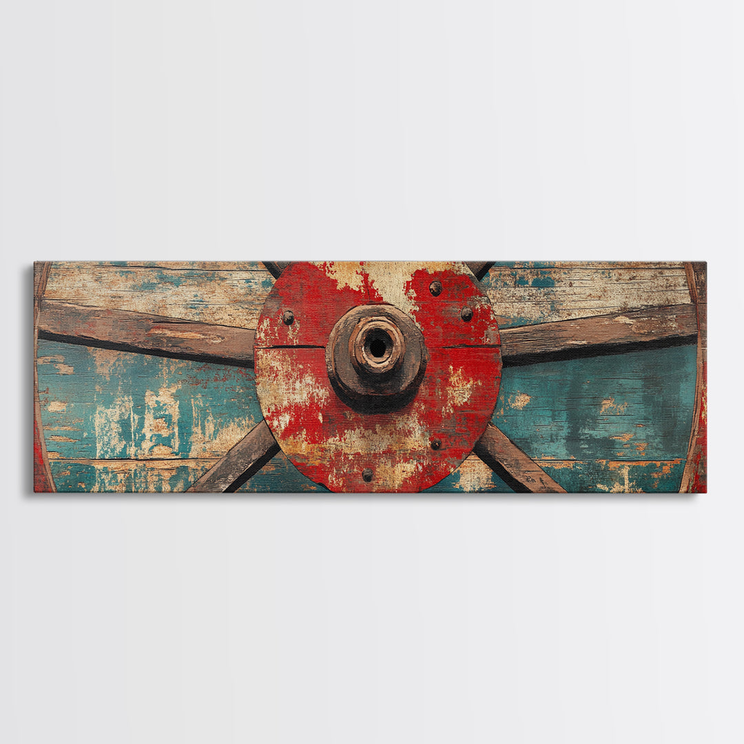 Weathered Wagon Wheel On Turquoise Wood Wall Art, Rustic Western Framed Canvas Print, Farmhouse Decor For Man Cave Home Bar Decor