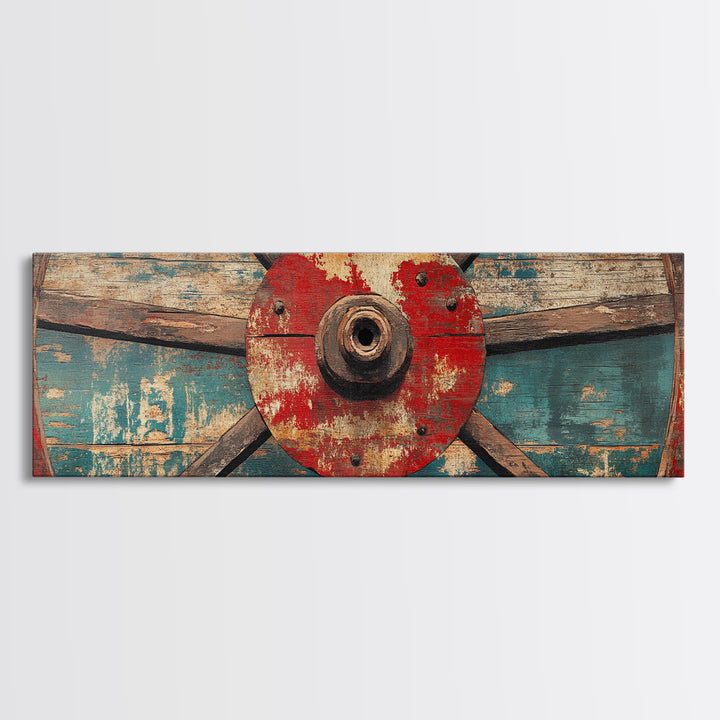Weathered Wagon Wheel On Turquoise Wood Wall Art, Rustic Western Framed Canvas Print, Farmhouse Decor For Man Cave Home Bar Decor