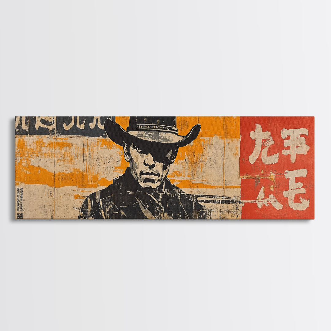 Stoic Cowboy Portrait On Orange Poster Wall Art, Western Pop Art Canvas Print, Man Cave Decor Gift For Him Rustic Home Decor