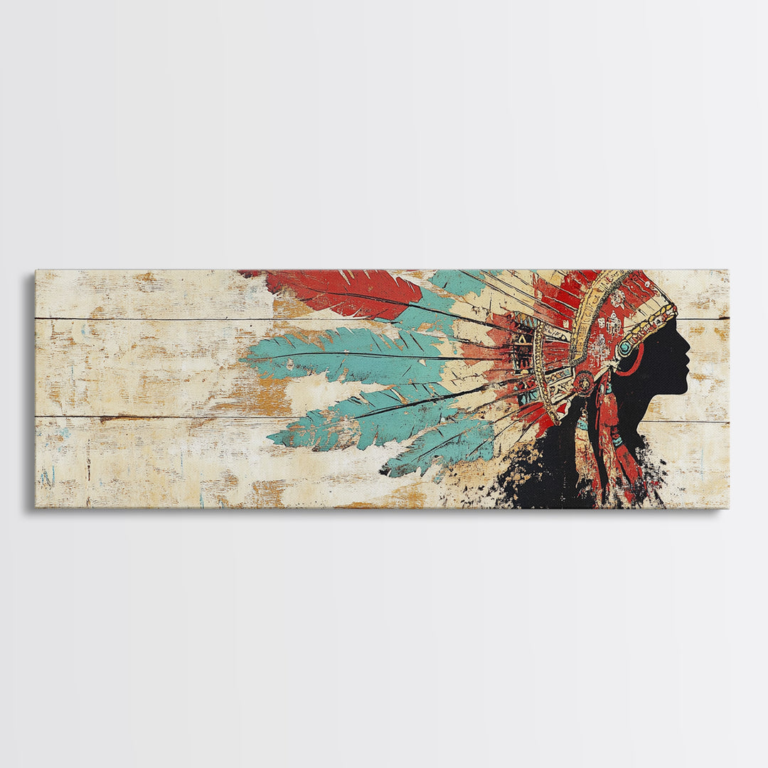 Native American Headdress Silhouette Wall Art, Western Tribal Canvas Print, Rustic Indigenous Decor For Living Room Home Decor