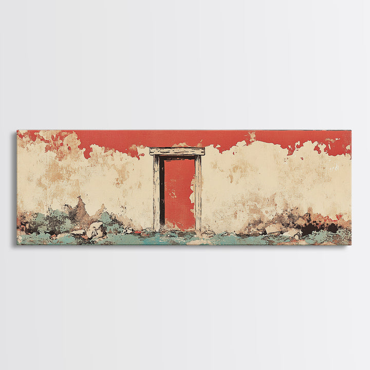 Weathered Red Door Adobe Facade Wall Art, Rustic Southwestern Canvas Print, Farmhouse Entryway Decor, Long Horizontal Art
