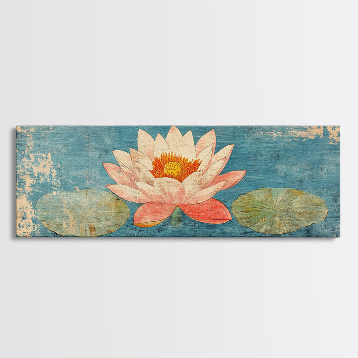Pink Lotus Flower On Blue Pond Wall Art, Japanese Water Lily Canvas Print, Zen Bathroom Decor, Botanical Coastal Home Decor