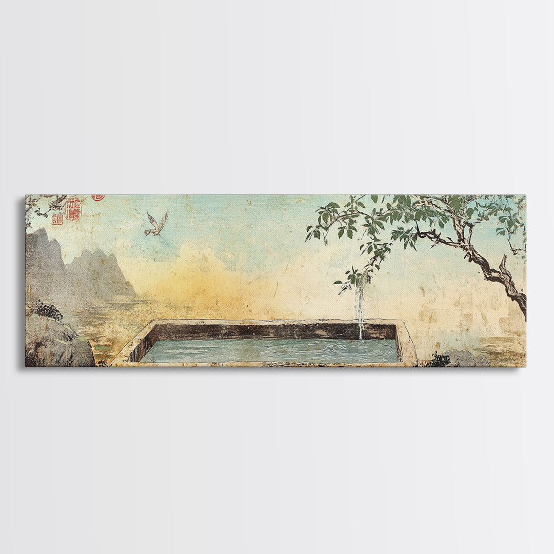 Stone Garden Fountain With Tree Wall Art, Japandi Courtyard Canvas Print, Zen Spa Decor, Asian Inspired Landscape Wall Decor