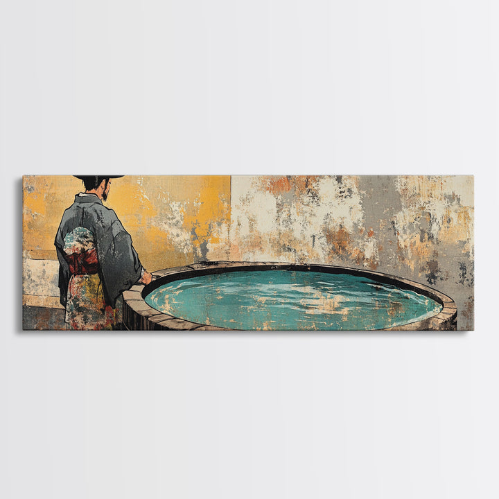 Kimono Figure Beside Round Pool Wall Art, Japanese Onsen Canvas Print, Wabi Sabi Spa Decor, Asian Bathroom Wall Decor Print