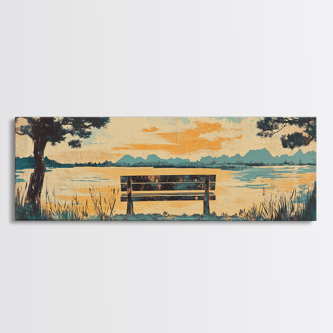 Lake Bench At Sunset With Pine Trees Wall Art, Coastal Landscape Canvas Print, Serene Living Room Decor, Long Horizontal Art