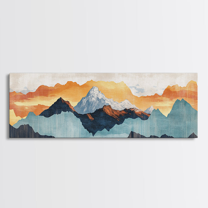 Layered Blue Orange Mountain Range Wall Art, Abstract Landscape Canvas Print, Modern Rustic Decor, Extra Wide Living Room Art