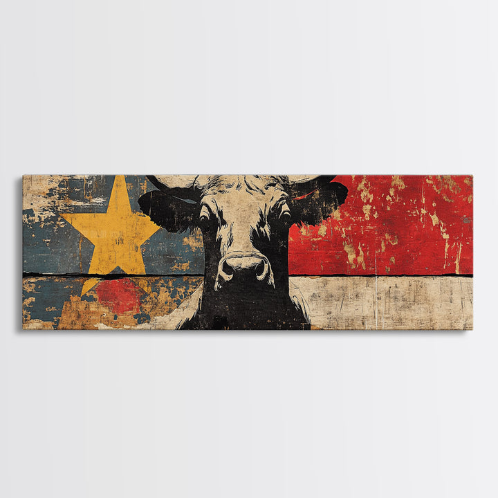 Black Longhorn Bull Texas Flag Wall Art, Western Canvas Print, Rustic Ranch Decor, Cowboy Man Cave Decor, Americana Gift