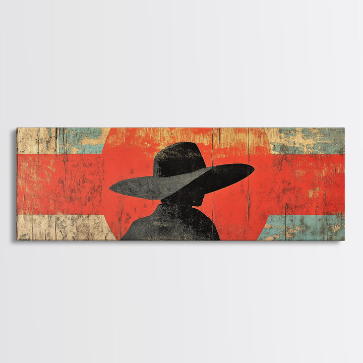 Cowboy Silhouette Red Sun Wall Art, Modern Western Canvas Print, Rustic Ranch Decor, Southwestern Living Room Statement Artwork