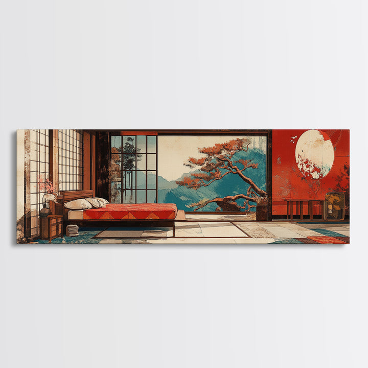 Japanese Bedroom With Moon View Wall Art, Japandi Framed Canvas Print, Zen Home Decor, Above Bed Living Room Wall Decor Print