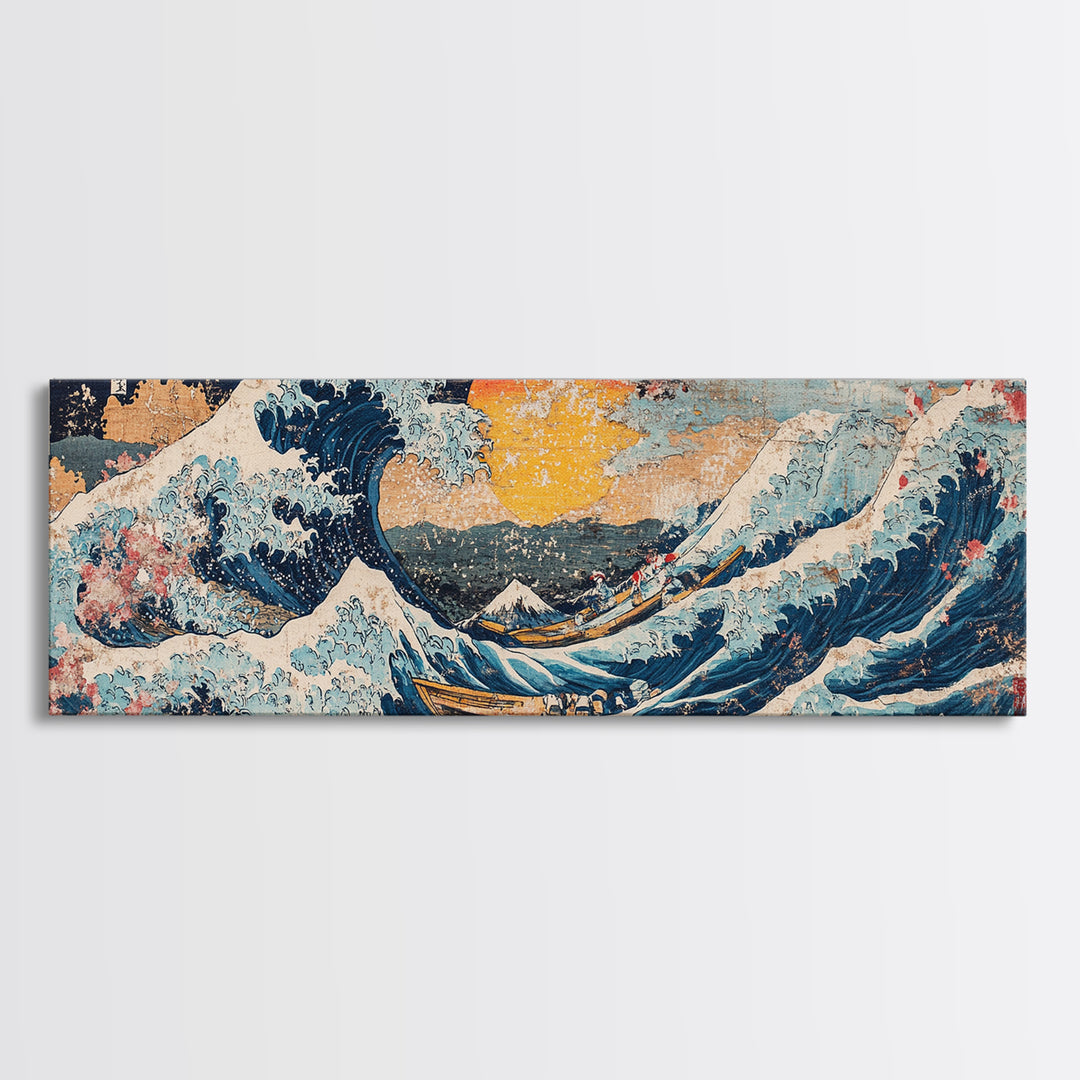 Japanese Ocean Wave And Red Sun Wall Art, Hokusai Inspired Canvas Print, Nautical Coastal Decor, Large Living Room Seascape Print
