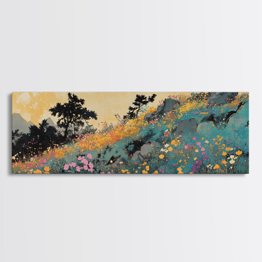 Colorful Wildflower Mountain Meadow Wall Art, Impressionist Landscape Canvas Print, Nature Decor, Large Living Room Art Print