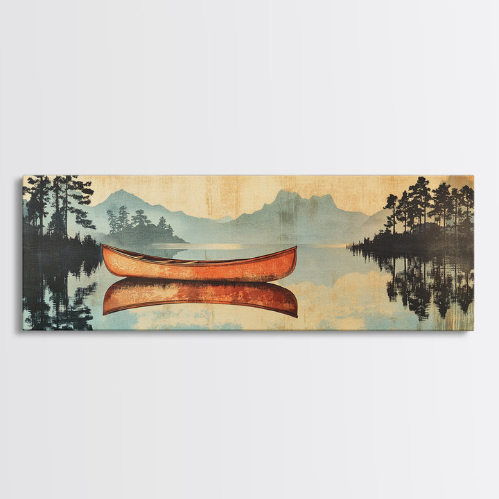 Orange Canoe On Misty Lake Framed Canvas Print, Cabin Wall Art, Rustic Landscape Art, Lake House Living Room Decor, Home Decor