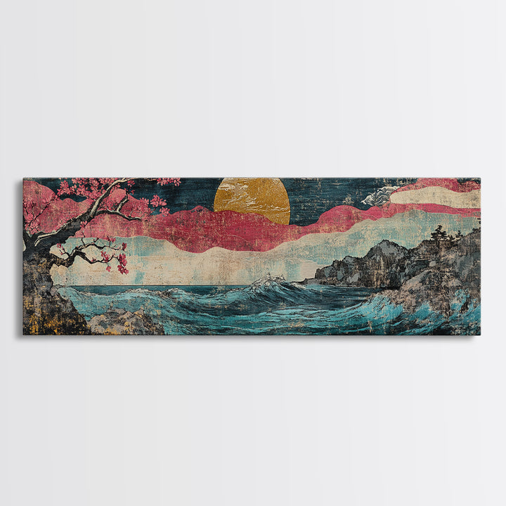 Gold Sun Ocean Wave Canvas Print, Cherry Blossom Japanese Wall Art, Coastal Seascape Art, Large Living Room Decor, Home Decor